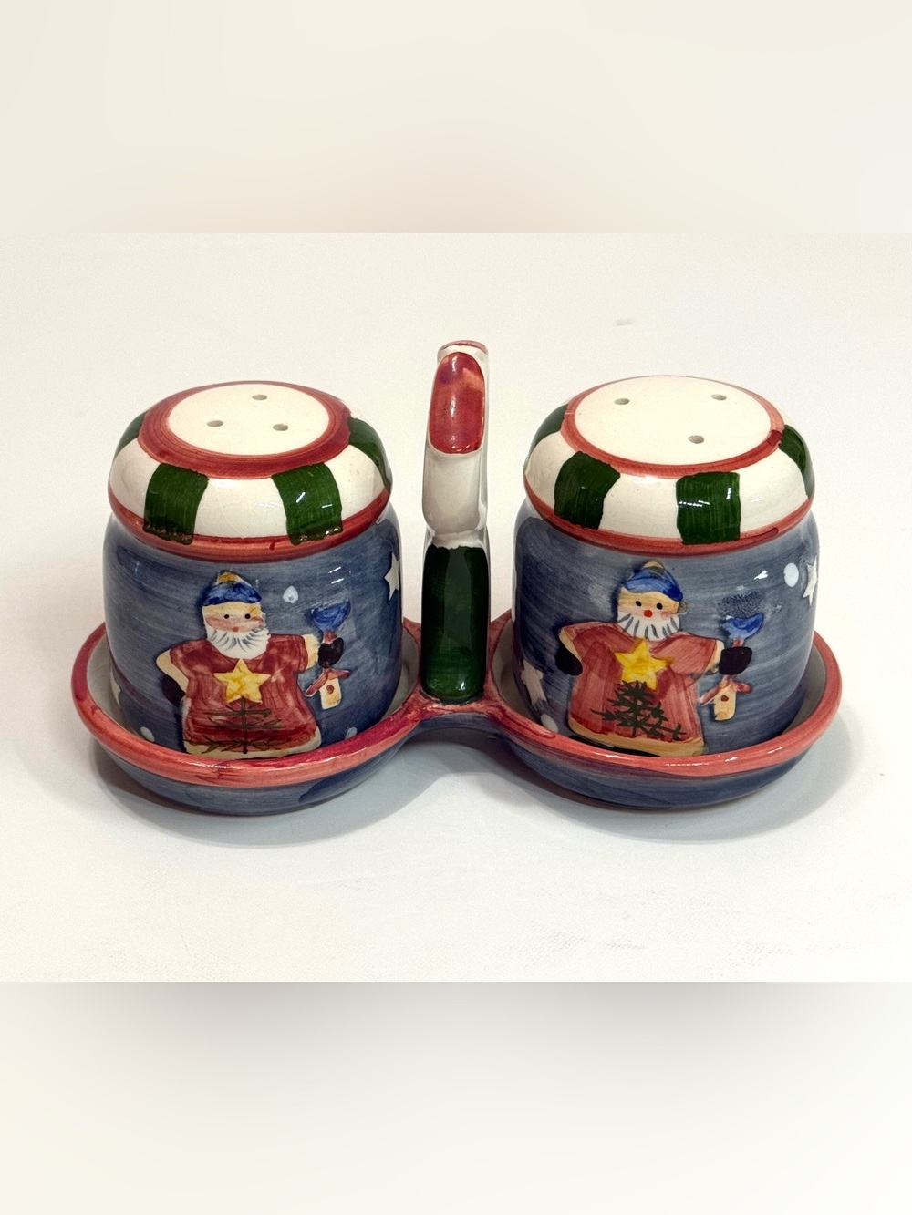 Christmas Salt and Pepper Set – Hand-Painted Ceramic – Matching Holder